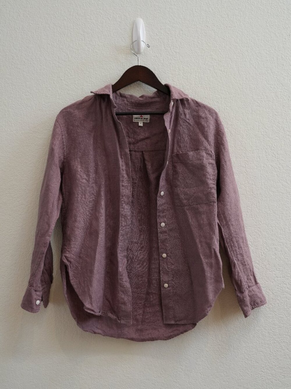 American Giant Womens S Mauve Linen Button Down Shirt Long Sleeve Chest Pocket